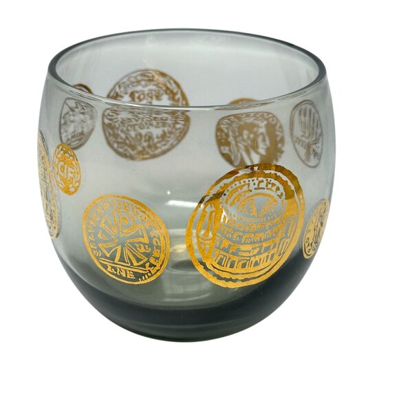 Federal Glass Roman Coin Roly Poly Smoky Lowball Cocktail Glasses MCM - Picture 6 of 13